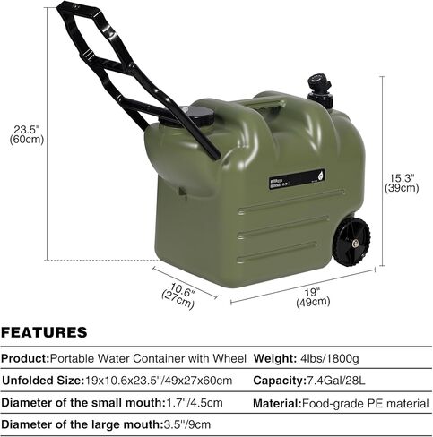 REDCAMP 7.4 Gallon Water Container with Wheels & Folding Handle, Portable Emergency Water Storage Tank with Spigot, BPA Free Water Jug for Camping Outdoor Hiking (28L, Green) in Kuwait