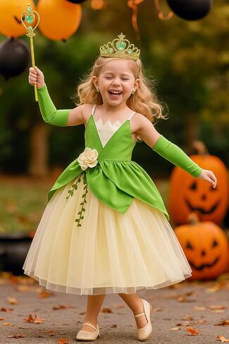Princess Tiana Costume for Girls Green Frog Fairy Fancy Dress Halloween Birthday Party Outfits Clothes in Saudi Arabia