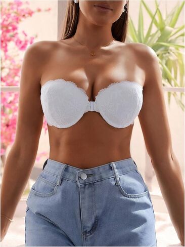 GORGLITTER Women's Floral Lace Strapless Bra Front Closure Push Up Bandeau Underwire Bralettes in Saudi Arabia