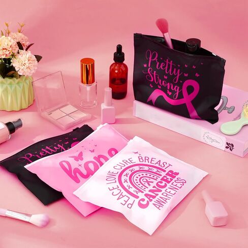 Yexiya 300 Pcs Breast Cancer Awareness Makeup Bags Set, Pink Ribbon Cosmetic Pouches Waterproof EVA Zipper Travel Toiletry Bags Breast Cancer Awareness Accessories Survivor Gifts for Woman and Charity in Saudi Arabia