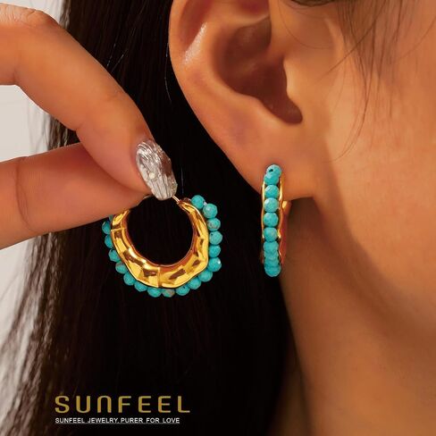 SUNFEEL أقراط حلقية مطرزة بالذهب عيار 14 قيراط أقراط خرز ملونة أنيقة متدلية مجوهرات الزفاف وأعياد الميلاد للنساء in Kuwait