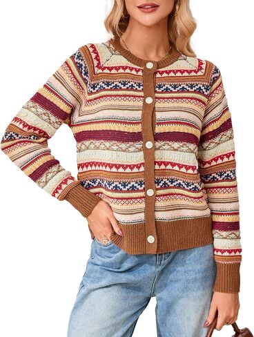 سترة صوفية نسائية Ladyful بأزرار سفلية منسوجة مكتنزة وأكمام طويلة بوهو مخططة سترة صوفية من Fair Isle in Kuwait