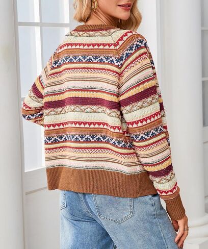 سترة صوفية نسائية Ladyful بأزرار سفلية منسوجة مكتنزة وأكمام طويلة بوهو مخططة سترة صوفية من Fair Isle in Kuwait