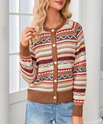 سترة صوفية نسائية Ladyful بأزرار سفلية منسوجة مكتنزة وأكمام طويلة بوهو مخططة سترة صوفية من Fair Isle in Kuwait