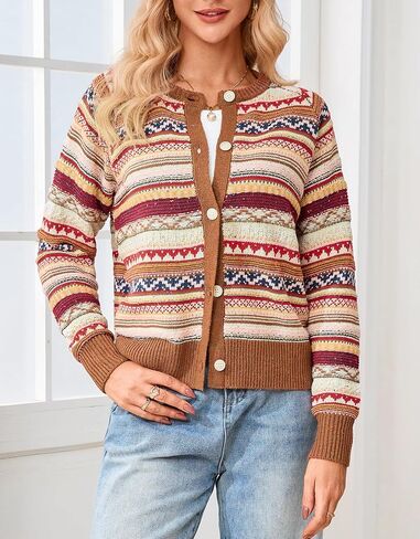 سترة صوفية نسائية Ladyful بأزرار سفلية منسوجة مكتنزة وأكمام طويلة بوهو مخططة سترة صوفية من Fair Isle in Kuwait
