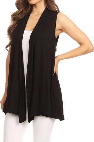 Women's Solid Open Front Draped Neck Sleeveless Vest Cardigan - Made in USA in Kuwait