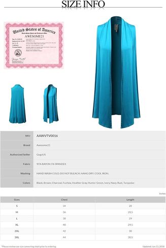 Women's Solid Open Front Draped Neck Sleeveless Vest Cardigan - Made in USA in Kuwait