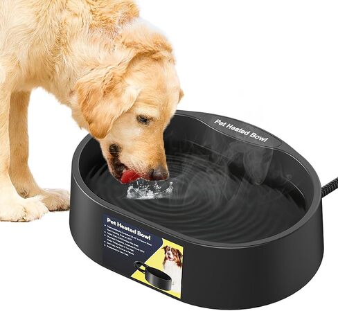 Heated Water Bowl for Dogs & Cats, Waterproof Heated Dog Bowl with Chew Resistant Cord, Large Heated Pet Bowl, Provide Warmable Water for Dogs, Cats, Chicken, Birds in Winter 3.2L（Black） in Kuwait