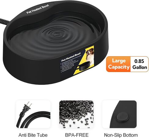Heated Water Bowl for Dogs & Cats, Waterproof Heated Dog Bowl with Chew Resistant Cord, Large Heated Pet Bowl, Provide Warmable Water for Dogs, Cats, Chicken, Birds in Winter 3.2L（Black） in Kuwait