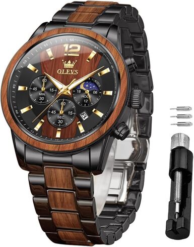 OLEVS Men Watch Stainless Steel Wood Accent Multi Function Dial Luminous Waterproof Casual Luxury Business Watch in Saudi Arabia