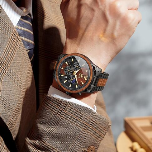 OLEVS Men Watch Stainless Steel Wood Accent Multi Function Dial Luminous Waterproof Casual Luxury Business Watch in Saudi Arabia