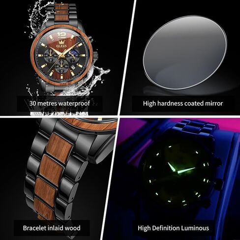 OLEVS Men Watch Stainless Steel Wood Accent Multi Function Dial Luminous Waterproof Casual Luxury Business Watch in Saudi Arabia