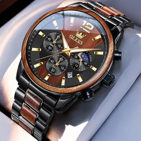 OLEVS Men Watch Stainless Steel Wood Accent Multi Function Dial Luminous Waterproof Casual Luxury Business Watch in Saudi Arabia