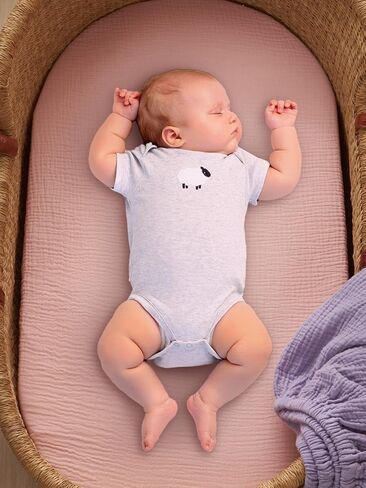 TILLYOU Muslin Bassinet Sheet - Ultra Soft Cotton Material, Skin Friendly Bassinet Fitted Sheet for Baby, Fit for Rectangle, Round, Oval, Hourglass Mattress,33"x16"，Light Purple&Light Pink in Kuwait