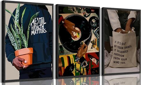 Black Men Wall Art Set of 3 Fashion African American Black Man Poster Prints Record Music DJ Painting Pictures Wall Decor Mental Health Artwork for Living Room Bedroom Decoration 12x16in in Saudi Arabia
