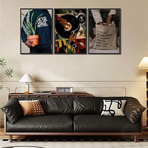 Black Men Wall Art Set of 3 Fashion African American Black Man Poster Prints Record Music DJ Painting Pictures Wall Decor Mental Health Artwork for Living Room Bedroom Decoration 12x16in in Saudi Arabia