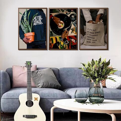 Black Men Wall Art Set of 3 Fashion African American Black Man Poster Prints Record Music DJ Painting Pictures Wall Decor Mental Health Artwork for Living Room Bedroom Decoration 12x16in in Saudi Arabia