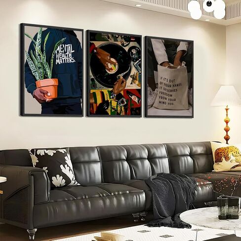 Black Men Wall Art Set of 3 Fashion African American Black Man Poster Prints Record Music DJ Painting Pictures Wall Decor Mental Health Artwork for Living Room Bedroom Decoration 12x16in in Saudi Arabia
