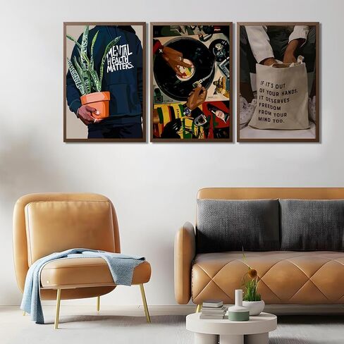 Black Men Wall Art Set of 3 Fashion African American Black Man Poster Prints Record Music DJ Painting Pictures Wall Decor Mental Health Artwork for Living Room Bedroom Decoration 12x16in in Saudi Arabia