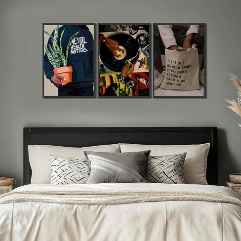 Black Men Wall Art Set of 3 Fashion African American Black Man Poster Prints Record Music DJ Painting Pictures Wall Decor Mental Health Artwork for Living Room Bedroom Decoration 12x16in in Saudi Arabia