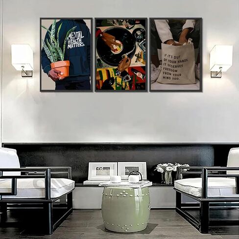 Black Men Wall Art Set of 3 Fashion African American Black Man Poster Prints Record Music DJ Painting Pictures Wall Decor Mental Health Artwork for Living Room Bedroom Decoration 12x16in in Saudi Arabia
