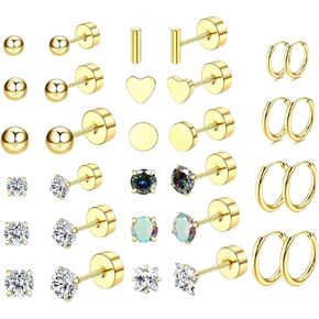 16 Pair Hypoallergenic Flat Back Stud Earrings for Women Men, Minimalist Threader, Cartilage, Helix, Tragus, Stacks Hoop and Cartilage earrings set for sensitive ears, Lobe Piercing Jewelry Set in Saudi Arabia