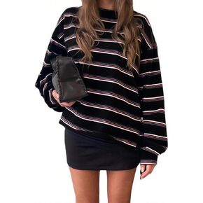 Women Striped Oversized Sweatshirt Color Block Rugby Polo Sweatshirts Vintage Long Sleeve Fall Pullover Tops in Saudi Arabia