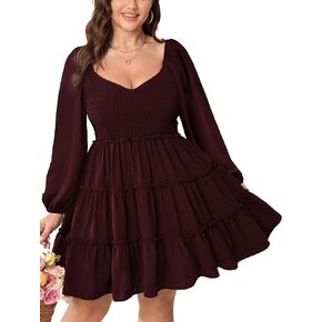 Women's Plus Size Dress Long Sleeve Sweetheart Neckline Smocked Ruffle A Line Tiered Babydoll Mini Short Dresses in Kuwait
