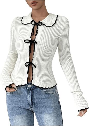 WDIRARA Women's Bow Tie Front Cardigan Sweater Contrast Trim Collared Long Sleeve Sweater in Saudi Arabia