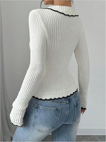 WDIRARA Women's Bow Tie Front Cardigan Sweater Contrast Trim Collared Long Sleeve Sweater in Saudi Arabia