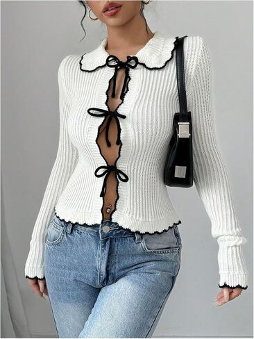 WDIRARA Women's Bow Tie Front Cardigan Sweater Contrast Trim Collared Long Sleeve Sweater in Saudi Arabia