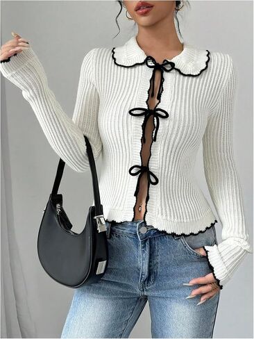 WDIRARA Women's Bow Tie Front Cardigan Sweater Contrast Trim Collared Long Sleeve Sweater in Saudi Arabia