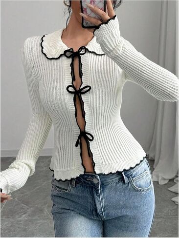 WDIRARA Women's Bow Tie Front Cardigan Sweater Contrast Trim Collared Long Sleeve Sweater in Saudi Arabia