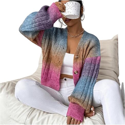سترة نسائية من MakeMeChic ذات ألوان مكتنزة وأزرار سفلية وأكمام طويلة وأكتاف منسدلة بألوان قوس قزح in Kuwait