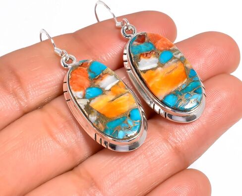 Orange Spiny Oyster Turquoise Gemstone Earrings – 925 Solid Sterling Silver Handmade Dangle Earrings for Women – Unique Orange Stone Jewelry Gift in Saudi Arabia