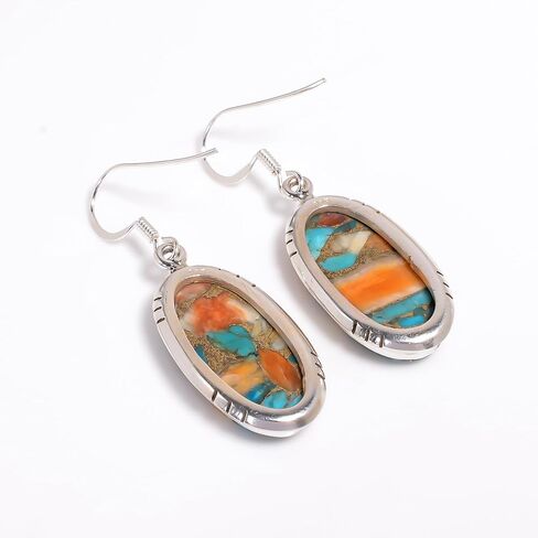 Orange Spiny Oyster Turquoise Gemstone Earrings – 925 Solid Sterling Silver Handmade Dangle Earrings for Women – Unique Orange Stone Jewelry Gift in Saudi Arabia