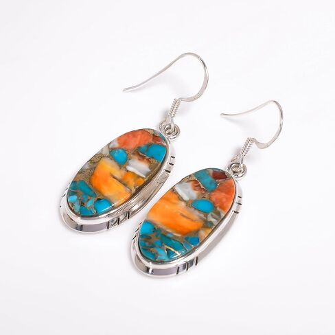 Orange Spiny Oyster Turquoise Gemstone Earrings – 925 Solid Sterling Silver Handmade Dangle Earrings for Women – Unique Orange Stone Jewelry Gift in Saudi Arabia