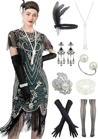 1920s Gatsby Inspired Sequin Beads Fringe Flapper Cocktail Roarings 20s Dress w/ 20s Headband Accessories Set in Kuwait