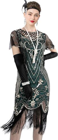 1920s Gatsby Inspired Sequin Beads Fringe Flapper Cocktail Roarings 20s Dress w/ 20s Headband Accessories Set in Kuwait