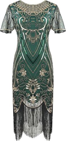 1920s Gatsby Inspired Sequin Beads Fringe Flapper Cocktail Roarings 20s Dress w/ 20s Headband Accessories Set in Kuwait