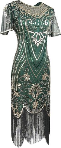 1920s Gatsby Inspired Sequin Beads Fringe Flapper Cocktail Roarings 20s Dress w/ 20s Headband Accessories Set in Kuwait