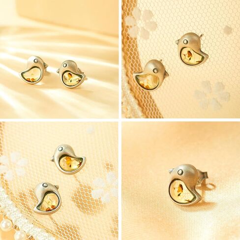 Handmade S925 sterling silver inlaid with genuine Baltic amber earrings, simple and classic design, natural energy stone, wooden gift box in Kuwait