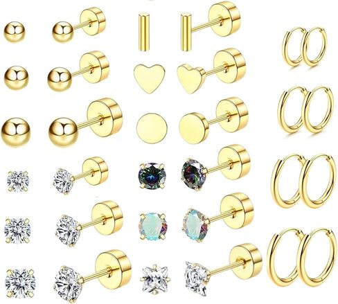 16 Pair Hypoallergenic Flat Back Stud Earrings for Women Men, Minimalist Threader, Cartilage, Helix, Tragus, Stacks Hoop and Cartilage earrings set for sensitive ears, Lobe Piercing Jewelry Set in Saudi Arabia