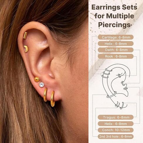 16 Pair Hypoallergenic Flat Back Stud Earrings for Women Men, Minimalist Threader, Cartilage, Helix, Tragus, Stacks Hoop and Cartilage earrings set for sensitive ears, Lobe Piercing Jewelry Set in Saudi Arabia