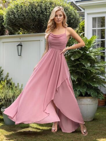 Ruffles Chiffon Bridesmaid Dresses with Slit Cowl Neck Pleated A Line Formal Evening Gowns for Wedding in Saudi Arabia