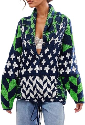 Oversized Y2K Printed Colorful Bat Cardigan for Women Button Down Collar Sweater Coats Fall Fashion Outfit in Kuwait