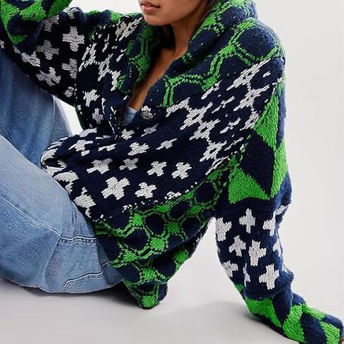 Oversized Y2K Printed Colorful Bat Cardigan for Women Button Down Collar Sweater Coats Fall Fashion Outfit in Kuwait