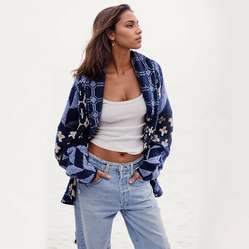 Oversized Y2K Printed Colorful Bat Cardigan for Women Button Down Collar Sweater Coats Fall Fashion Outfit in Kuwait