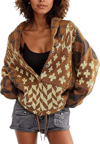 Oversized Y2K Printed Colorful Bat Cardigan for Women Button Down Collar Sweater Coats Fall Fashion Outfit in Kuwait
