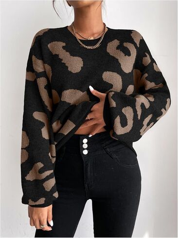 WDIRARA Women's Leopard Sweater Crew Neck Long Sleeve Vintage Knit Pullover Tops in Saudi Arabia